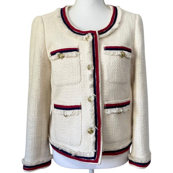 J.Crew Lady Jacket Blazer Tweed Cropped Fringe Fringy White Red Navy Blue Size 6 - Picture 4 of 13